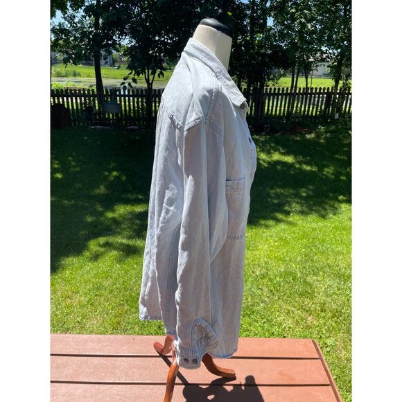 Harley-Davidson Blue Denim Button-Up Shirt L With Logo Pocket Trashed Frayed - Picture 8 of 10